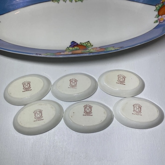 Noritake Lusterware Celery Dish & 6 Salt Dips Floral & Fruit Pattern, Japan Made - Picture 7 of 14